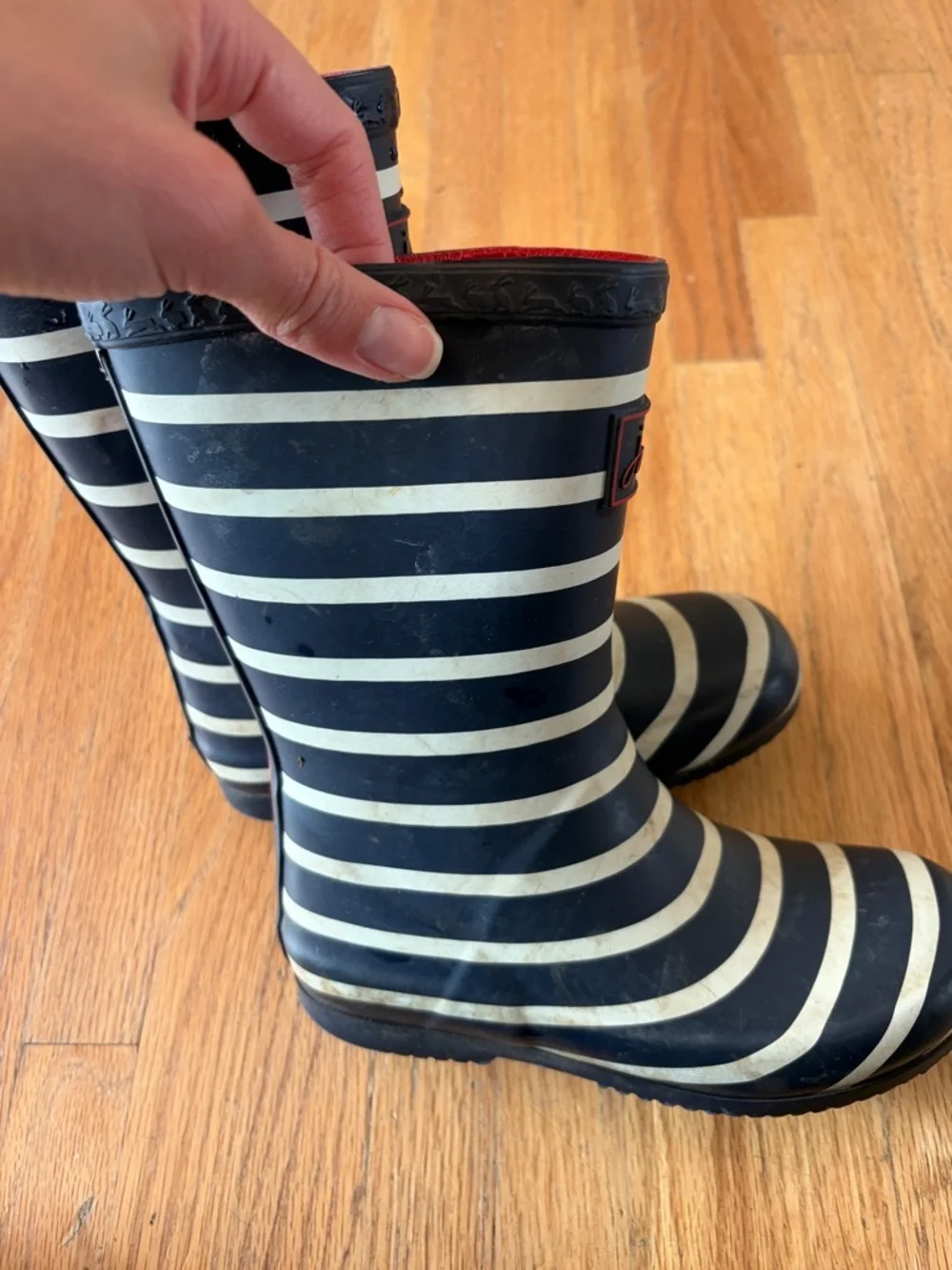 Joules Navy & White Stripe Kids Rain Boots with Red Lining